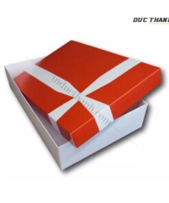 Mẫu hộp giấy đựng quần áo màu đỏ có dây ruy băng xanh