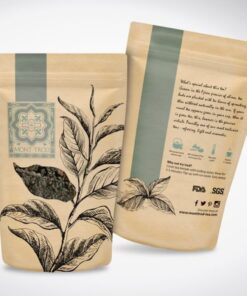 Mẫu túi đựng trà giấy kraft với hình ảnh minh họa mặt trước và thông tin sản phẩm mặt sau