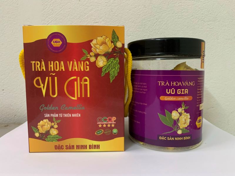 Mẫu in hộp trà hoa vàng màu tím chữ vàng đơn giản