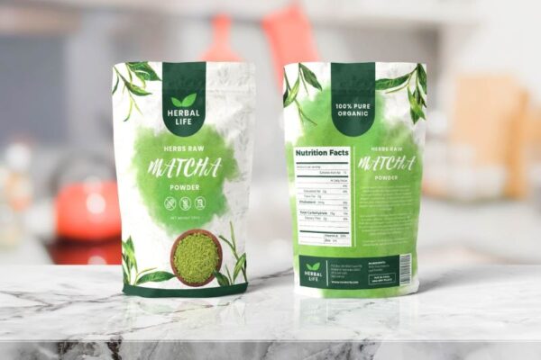 Mẫu in hộp trà xanh matcha dạng túi zip giúp bảo quản bột matcha tốt hơn