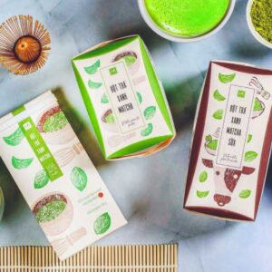 Mẫu in hộp trà xanh matcha với hình vẽ và màu sắc tối giản