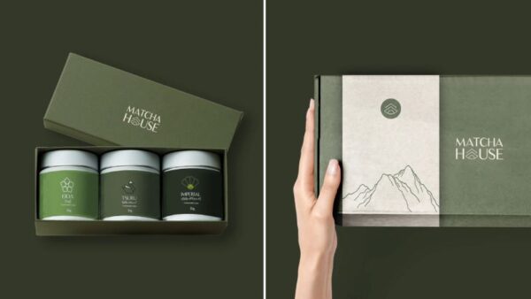 Mẫu in hộp trà xanh matcha với một màu chủ đạo và hình vẽ tối giản, thanh lịch