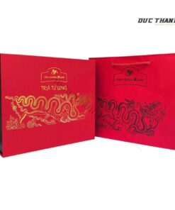 Mẫu hộp giấy đựng trà Tân Cương Rồng Vàng