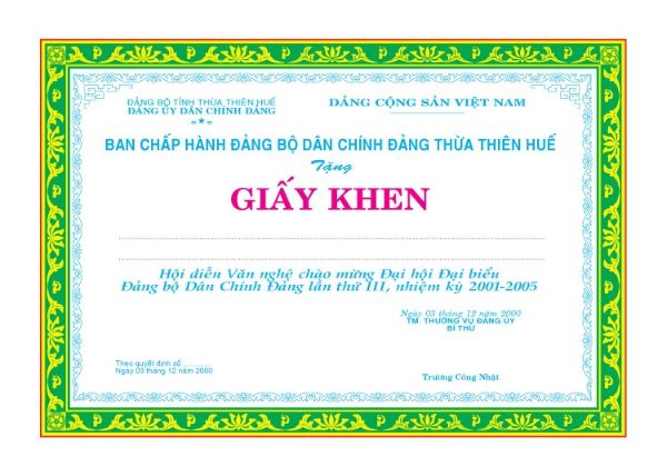 Mẫu phôi giấy khen Đảng ủy, UBND, đoàn thể