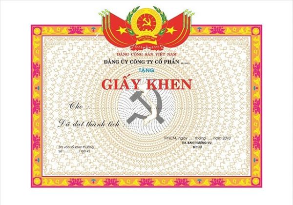 Mẫu phôi giấy khen doanh nghiệp, công ty