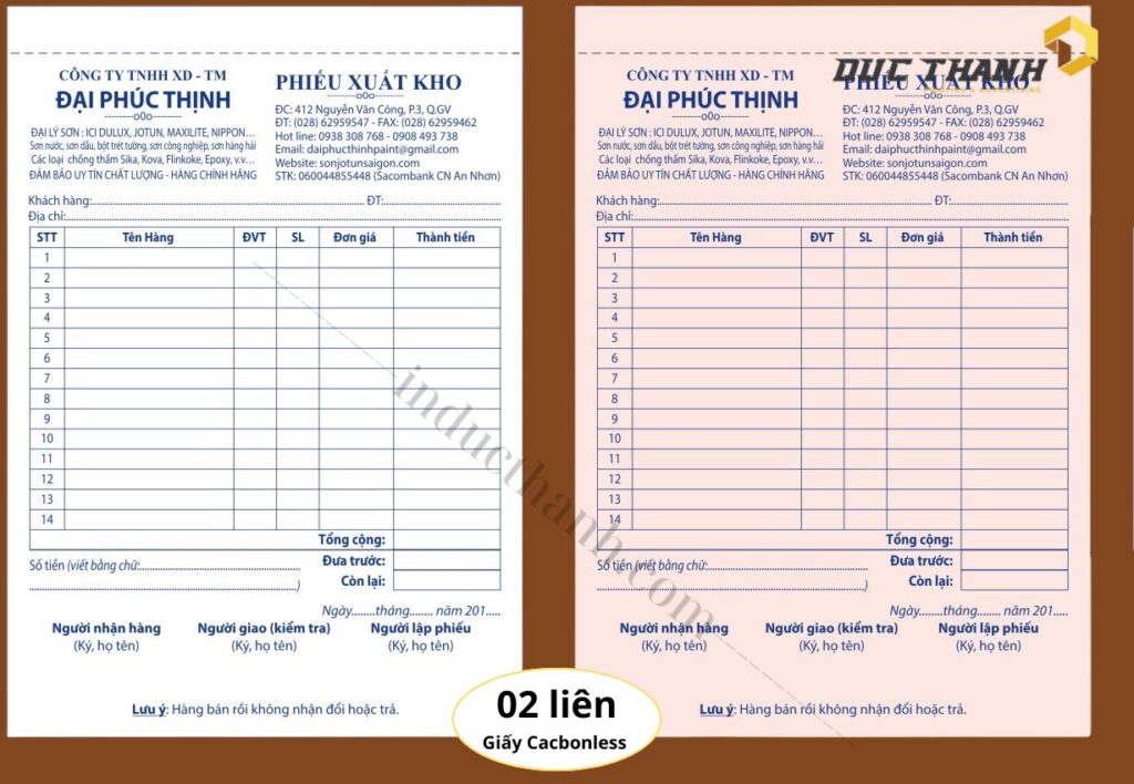 Mẫu in hóa đơn bán hàng phiếu xuất kho 2 liên giấy carbonless Đại Phúc Thịnh