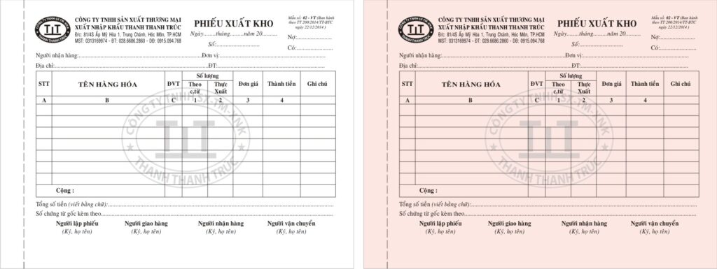 Mẫu in hóa đơn bán hàng phiếu xuất kho 2 liên giấy carbonless Thanh Thanh Trúc