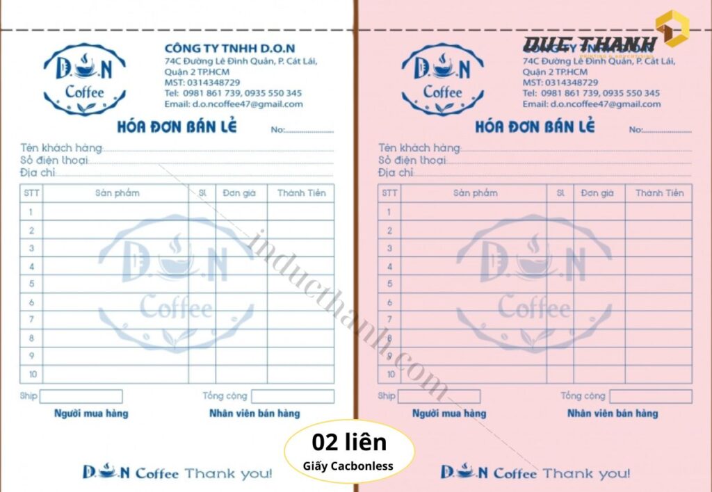 Mẫu in hóa đơn bán lẻ  2 liên giấy carbonless công ty D.O.N