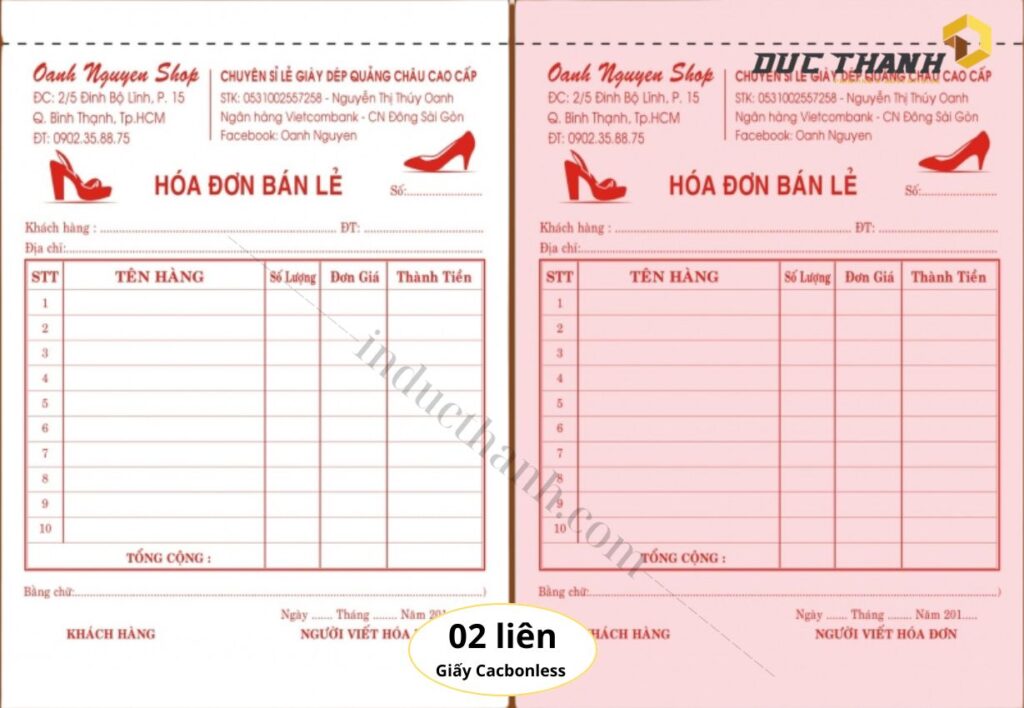 Mẫu in hóa đơn bán lẻ  2 liên giấy carbonless Oanh Nguyễn Shop